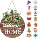 Interchangeable Seasonal Welcome Sign Front Door Decoration, Rustic Round Wood Wreaths Wall Hanging Outdoor, Farmhouse, Porch, for Spring Summer Fall All Seasons Holiday Halloween Christmas. - Image 2