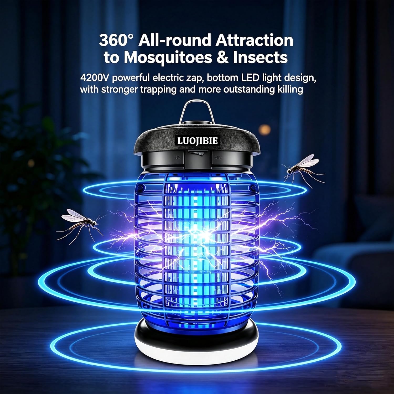 LUOJIBIE Bug Zapper Outdoor, Electric Mosquito Killer Fly Trap with UV/LED Light, 4200V High Voltage Waterproof Flying Insect Zapper for Backyard Patio, Indoor Mosquito Zapper for Home Garage - Image 4