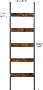 HOOBRO Blanket Ladder, 5-Tier Towel Rack with Hooks, Wall-Leaning Blanket Rack, Decorative Display Ladder Shelf, for Scarves, Industrial, Living Room, Bedroom, Rustic Brown and Black BF52CJ01 - Image 4