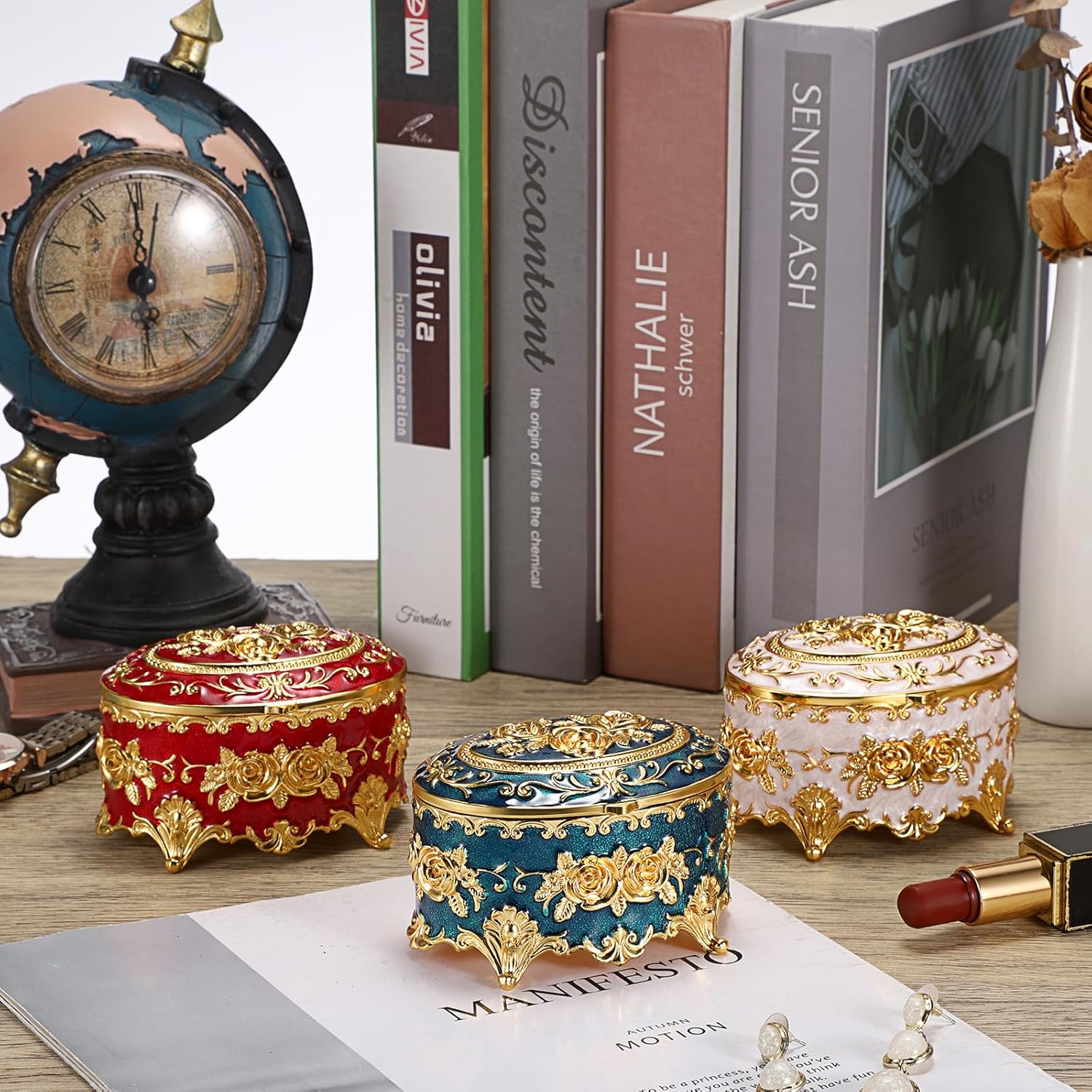 Hipiwe Vintage Metal Jewelry Box - Oval Trinket Organizer Ring Box Case with Rose Pattern Jewelry Storage Box for Ring Earrings Necklace, Gift for Women - Image 6