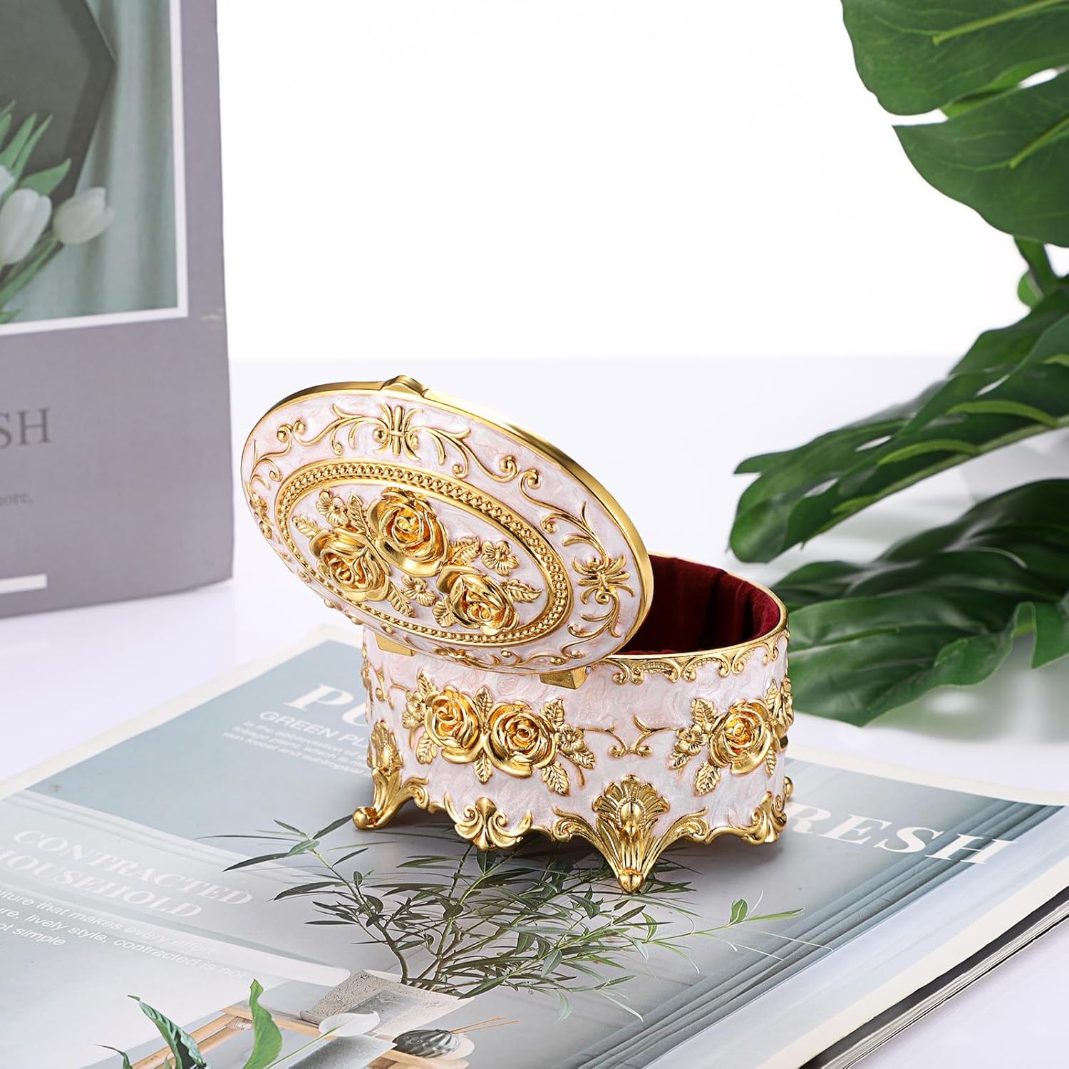 Hipiwe Vintage Metal Jewelry Box - Oval Trinket Organizer Ring Box Case with Rose Pattern Jewelry Storage Box for Ring Earrings Necklace, Gift for Women - Image 8