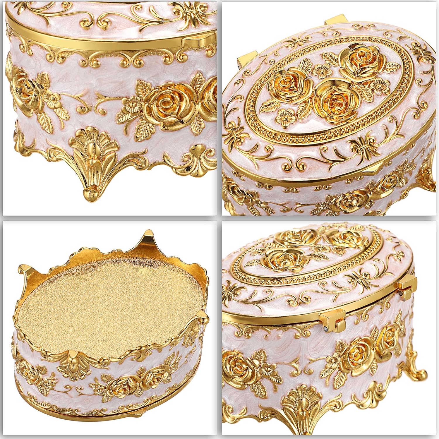 Hipiwe Vintage Metal Jewelry Box - Oval Trinket Organizer Ring Box Case with Rose Pattern Jewelry Storage Box for Ring Earrings Necklace, Gift for Women - Image 9