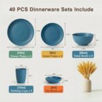 Wheat Straw Dinnerware Sets for 8, Unbreakable Bowl and Plate Set 40 Piece, Reusable Plastic Dish Sets for 8, Microwave and Dishwahser Safe Dining Set, Apartment and Kitchen Essentials - Blue - Image 3