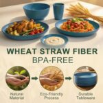 Wheat Straw Dinnerware Sets for 8, Unbreakable Bowl and Plate Set 40 Piece, Reusable Plastic Dish Sets for 8, Microwave and Dishwahser Safe Dining Set, Apartment and Kitchen Essentials - Blue - Image 4