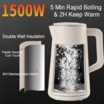 1.5L Electric Kettle Stainless Steel, Double Wall Cool Touch Teapot, Fast Boil,5 Temperature Control, LED Display, Auto Shut-Off,Keep Warm Function,Cream White - Image 5