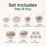 Chef Power Ceramic Cookware Sets, 15Pcs Pots and Pans Set Non Stick, Cookware Set with Stainless Steel Handle, Dishwasher & Oven Safe, Taupe and Light Gold Handle - Image 3