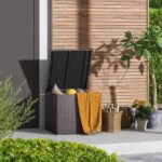 Tangkula 72 Gallon Square Deck Box, Patio Mix Brown Rattan Storage Container w/Zippered Liner & Solid Pneumatic Rod, Sturdy L-Shaped Aluminum Feet, Outdoor Wicker Deck Box for Front Porch, Backyard - Image 3