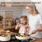 Ammeloo 18-Piece Ceramic Pots and Pans Set Non Stick, Non Toxic Cookware Set with Removable Handles, Pot Sets for Cooking, Induction Ready, Dishwasher & Oven Safe, PFAS PFOA & PTFE Free (Cream White) - Image 3