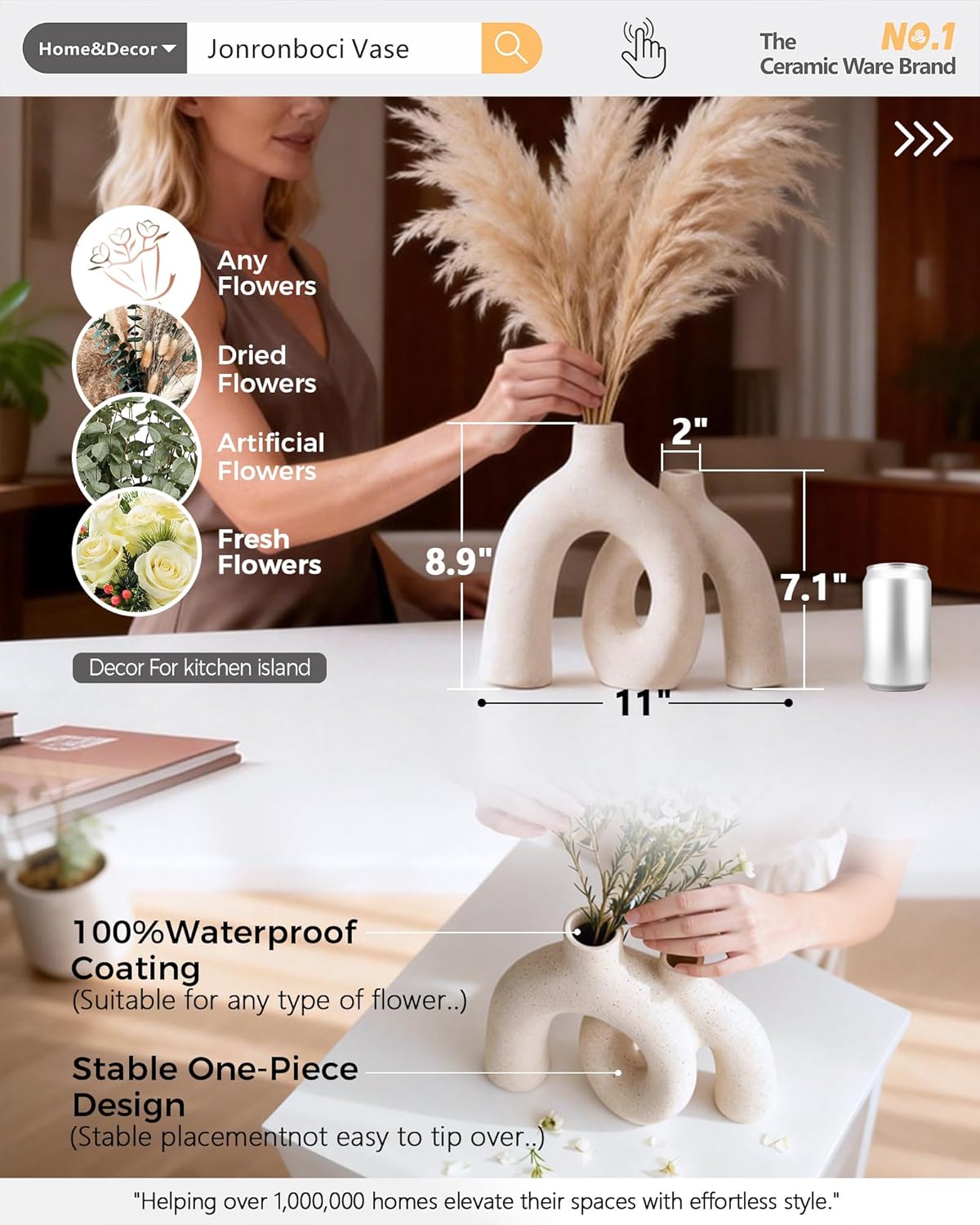 Hug Donut Decorative Vase Set - Modern Nordic Boho Style Vases Home Decor, Matte Ceramic Decorations for Living Room Shelf, Bookshelf Mantle Entryway Table or Console Décor (Cream White) - Image 3
