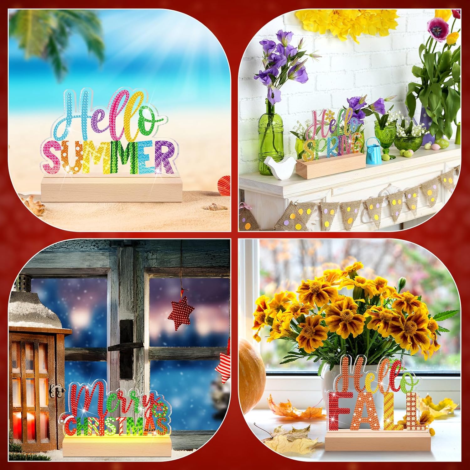 Chunful 13 Pcs Diamond Art Tabletop Holiday Diamond Art Painting Kit with Wooden Light Base for Table Tiered Tray Home Office Tabletop Centerpiece Decor(Colorful) - Image 3