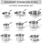 T-fal Gourmet 15-Piece Stainless Steel Cookware Set, Pots and Pans Cooking Set, Dishwasher Safe, Oven Safe to 500°F, Induction Compatible, Stock Pot, Sauce, Saute, Frying Pans, Silver - Image 3