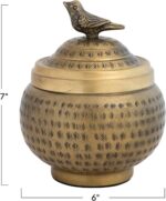 Round Hammered Metal Container with Bird Finial, Brass Finish - Image 3