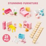 Tiny Land Wooden Dollhouse for Girls - 6 Rooms Wooden Doll House, DIY Pretend Doll House with 31Pcs Furniture Accessories, Creative Gift for Girl Ages 3+ - Image 6