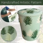Decorative Outdoor Storage Bin with Lid - 10 Gallon Hand-Painted Metal Can for Garden Tool Organization & Birdseed Storage, Squirrel-Proof (Green Palm Leaf) - Image 3