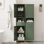 Homhedy 67" H Bathroom Storage Cabinet, Tall Storage Cabinet with Adjustable Shelves, Freestanding Cabinet with Doors and Drawer, Narrow Cabinet for Bathroom, Living Room, Kitchen, Dining Room, Green - Image 3