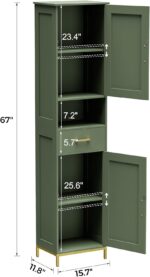 Homhedy 67" H Bathroom Storage Cabinet, Tall Storage Cabinet with Adjustable Shelves, Freestanding Cabinet with Doors and Drawer, Narrow Cabinet for Bathroom, Living Room, Kitchen, Dining Room, Green - Image 4