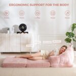 MAXYOYO Folding Sofa Bed, 2 in 1 Convertible Sofa to Lounger Comfy Single Bean Bag Chair for Adults, Floor Sleeper Couch with Handle, Faux Fur Couch Bed for Living Room Bedroom, Pink - Image 7