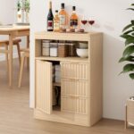 Coffee Bar Cabinet with Storage, Fluted Buffet Sideboard Cabinet with 3 Drawers & Adjustable Shelf, Rounded Edge Modern Storage Cabinet for Dining Room, Kitchen, Living Room, Entryway, Oak - Image 4
