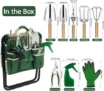 Garden Tool Set, 10 Piece Kit with Heavy Duty Folding Stool, Detachable Storage Tote Bag, Stainless Steel Tools, Gifts for Women Men Green - Image 3