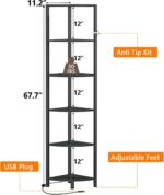 Furnulem 6 Tier Corner Shelf with LED Light, 67.5” Tall Standing Shelf Organizer, Black Narrow Bookshelf with Storage Rack for Wall Corner, Living Room, Bedroom, Metal Frame, Wood Display Shelf - Image 3