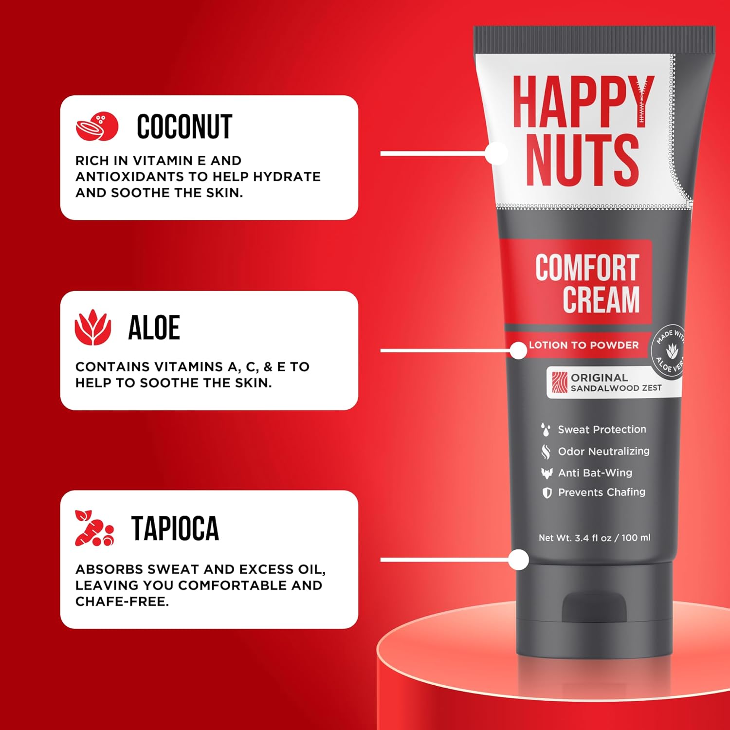 HAPPY NUTS Comfort Cream Deodorant For Men: Anti-Chafing Sweat Defense, Odor Control, Aluminum-Free Mens Deodorant & Hygiene Products for Men's Private Parts 3.4 Fl Oz (1 Pack), Original - Image 4
