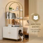 Homhedy Cat Litter Box Enclosure, Litter Box Furniture Hidden with 2-Tier Storage Shelves, Wooden Cat Washroom Furniture with Metal Frame, Modern Style, White and Gold - Image 4
