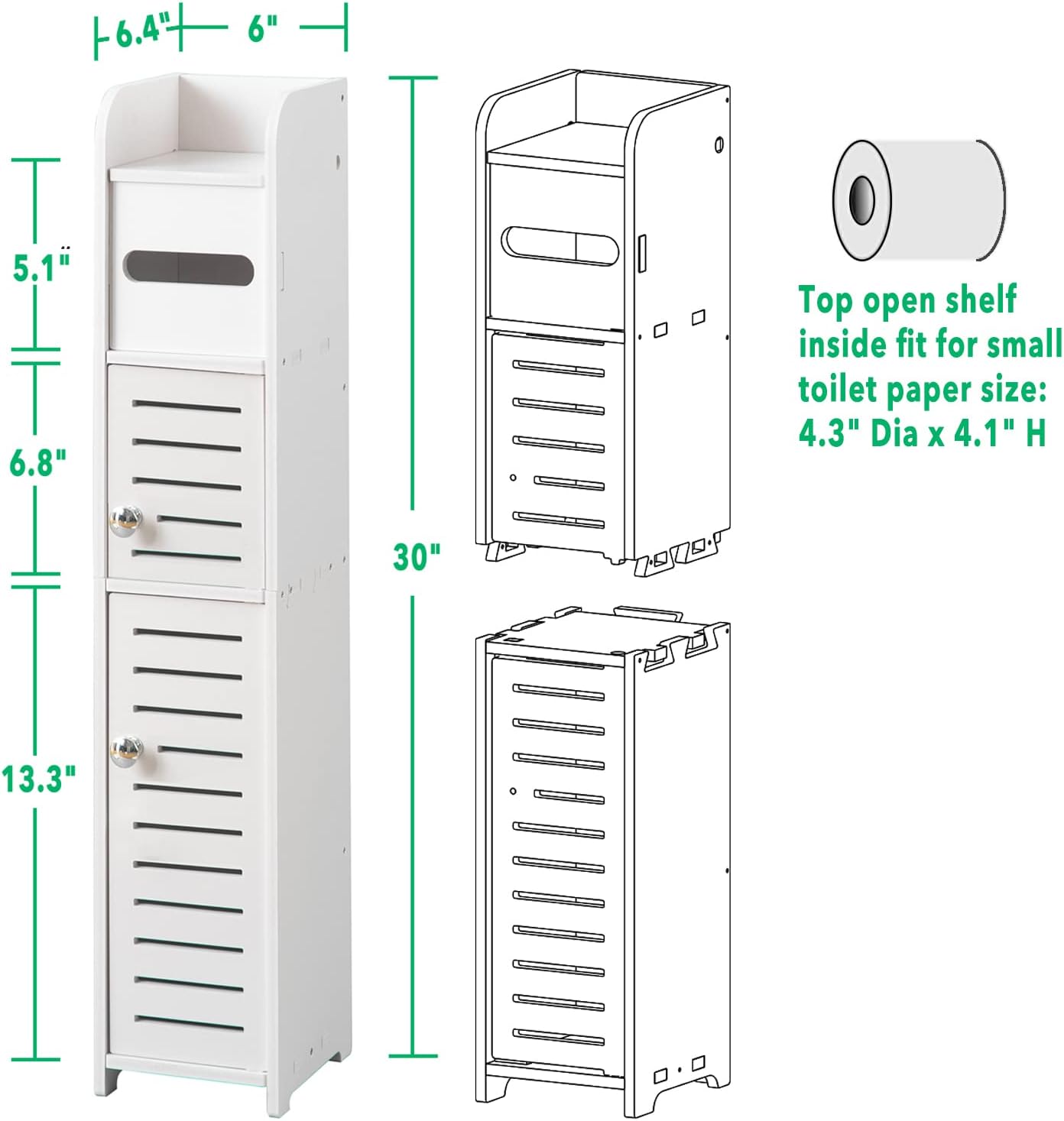 TuoxinEM Storage Cabinet for Small Spaces, Over The Toilet Cabinet for Skinny Bathroom Storage Corner Floor, Slim Paper Holder with 2 Doors & Shelves (White) - Image 3