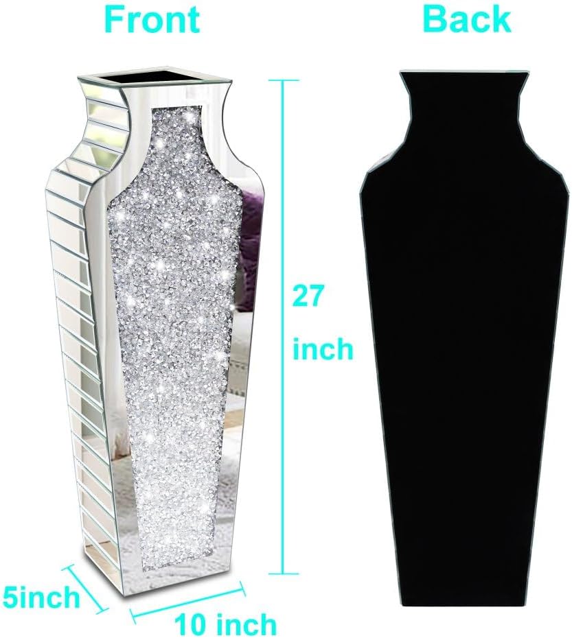 Allartonly Floor Crushed Diamond Mirrored Vase 27" Tall, Crystal Silver Glass Decorative Mirror Large Size Luxury for Home Decor. Can't Hold Water. - Image 8