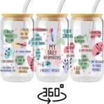 Daily Affirmations Glass Cup, Iced Coffee Tumbler with Positive Quotes, Mental Health, Self Care, Inspirational, Motivational Gifts for Women Friends, Graduation, Cheer Up Gifts for Sister, Student - Image 3