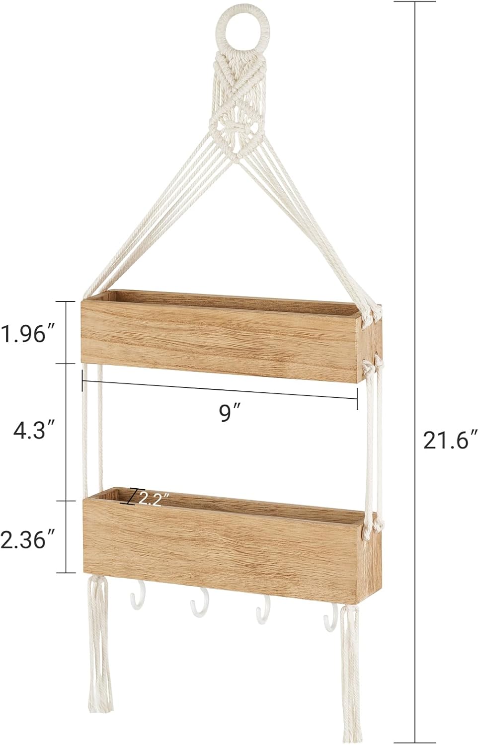 Mkono Macrame Hanging Shelf for Bedside Shelf Organizer with Hooks, Boho Wall Decor Cute Wood Floating Shelves for Girls Bedroom Dorm Nursery, Wall Storage for Phone, Remote, Accessories (Small) - Image 3