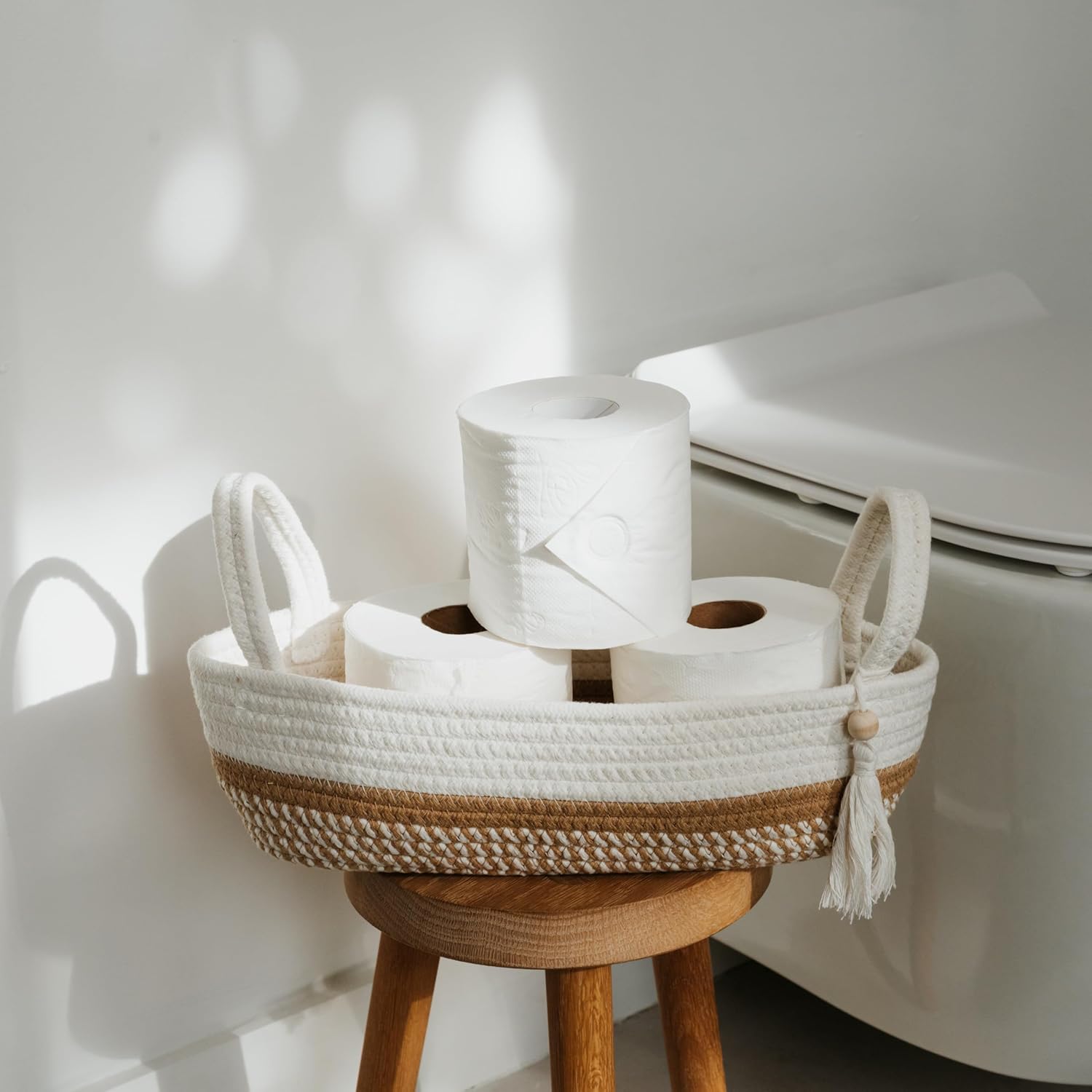 Decorative Toilet Paper Basket – Beautiful Bathroom Organizer for Toilet Tank Storage Decor – Boho Cotton Rope Bin with Tassel for Bathroom Accessories and as Shelf Decor - Image 4