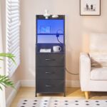 HOOBRO Tall Nightstand with Charging Station, LED Bedside Table with 3 Fabric Drawers and Open Shelves, USB-A, Type-C, 2 AC Outlets, Modern End Table for Bedroom, Black BB206UDBZ01 - Image 3