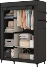 Calmootey Portable Closet Organizers, Clothing Storage, Wardrobe with 6 Shelves and Hanging Rod, Non-Woven Fabric Cover with 4 Side Pockets, Black - Image 3