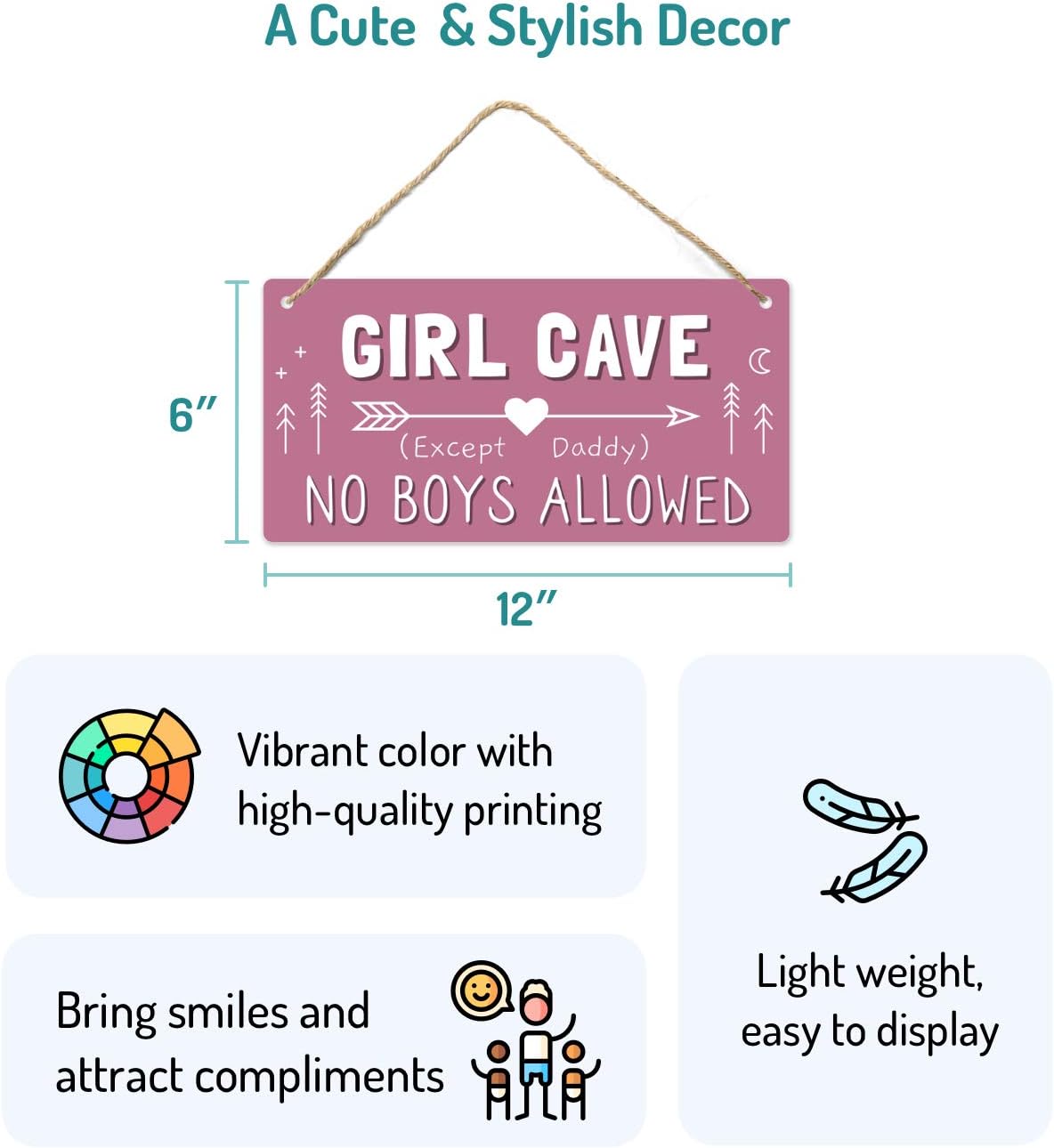Girl Cave Sign for Girls Room, No Boys Allowed Door Sign, Cute Room Decor Sign for Bedroom Door, Funny Girls Only Sign for Kids Room, Teen Girl Wall Decor 12x6 Inch - Image 3