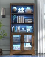 TVU 5-Tier Bookshelf, 65" Bookshelf with Multi-Color Ambient Lights (APP Remote Control), Tall Display Shelf with Cabinet Doors, Suitable for Living Room, Bedroom, Study, Office, Rustic Brown - Image 3
