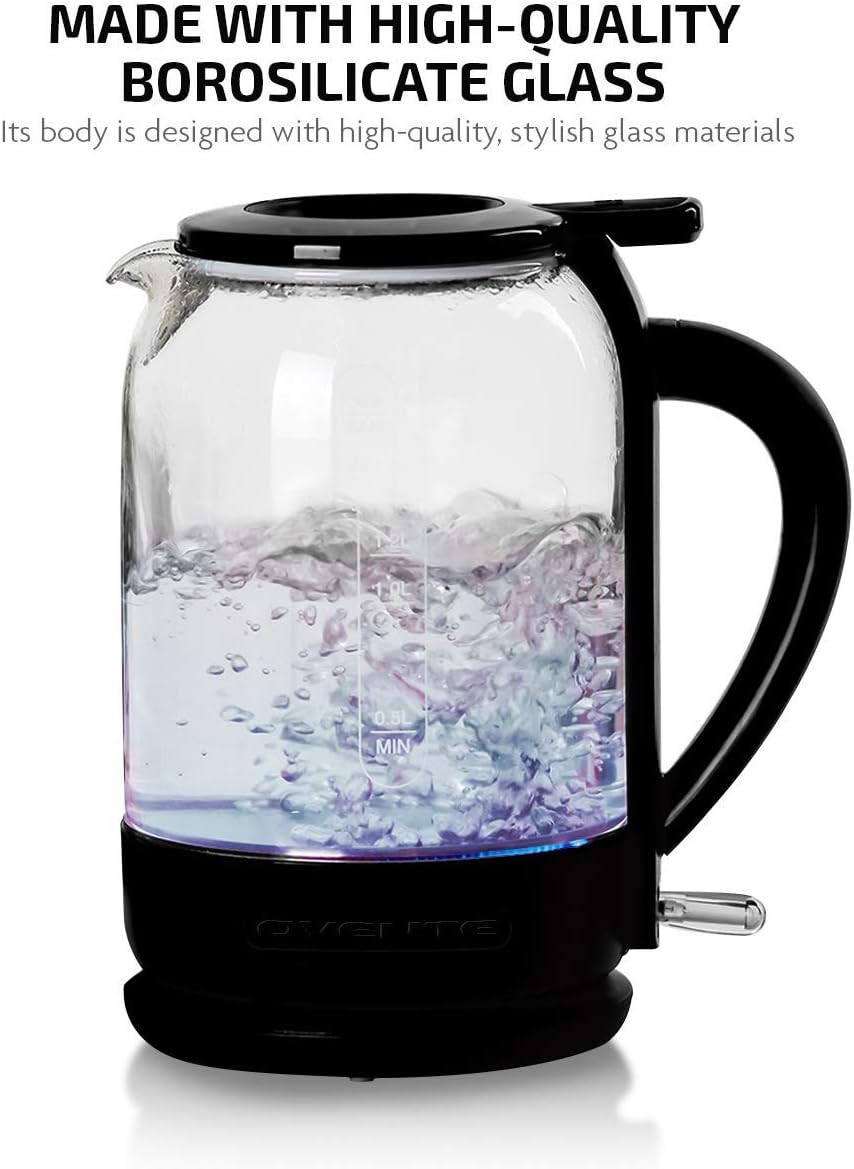 OVENTE Electric Kettle with 1.5L Borosilicate Glass, 1500W Fast Boiling Water Heater for Coffee or Tea, Easy to Fill Lid, Auto Shut-Off, Boil-Dry Protection & Stainless Steel Filter, Black KG516B - Image 3
