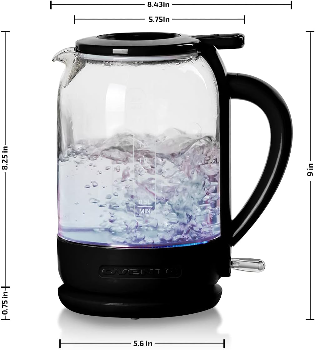 OVENTE Electric Kettle with 1.5L Borosilicate Glass, 1500W Fast Boiling Water Heater for Coffee or Tea, Easy to Fill Lid, Auto Shut-Off, Boil-Dry Protection & Stainless Steel Filter, Black KG516B - Image 4