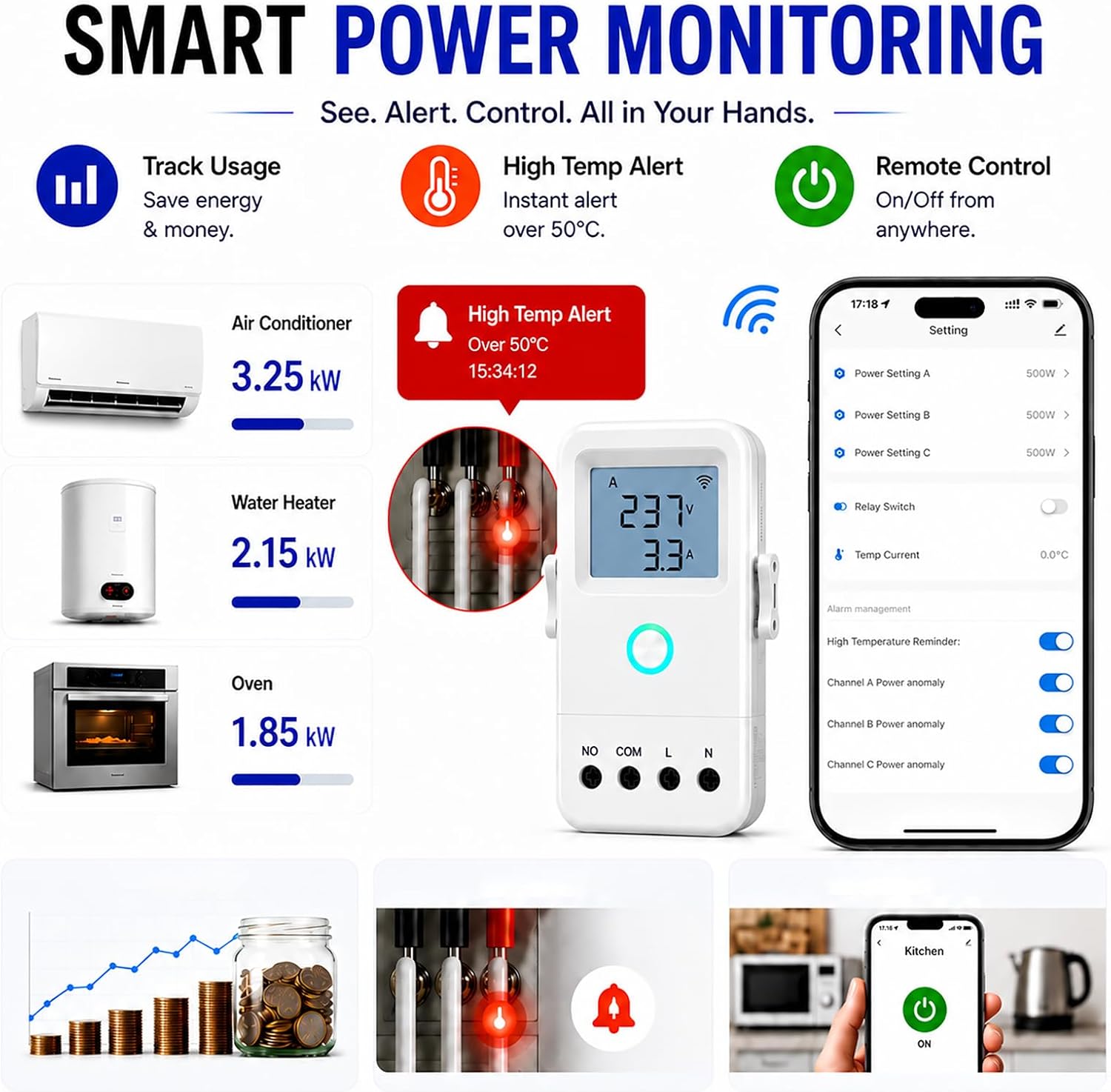 WiFi Home Energy Monitor with 3 80A Circuit Level Sensors, Real-Time Electricity Usage Monitor, Tuya App, Voltage Current Power Tracking, High Temperature Alert, Remote Control for Home Appliances - Image 4