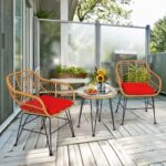Tangkula 3 Pieces Patio Bistro Set, Rattan Conversation Set with 2 Cushioned Armchairs & Round Glass Coffee Table, Indoor Outdoor Wicker Furniture Set for Balcony, Backyard, Garden, Poolside - Image 3