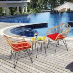 Tangkula 3 Pieces Patio Bistro Set, Rattan Conversation Set with 2 Cushioned Armchairs & Round Glass Coffee Table, Indoor Outdoor Wicker Furniture Set for Balcony, Backyard, Garden, Poolside - Image 4