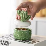Ceramic Cactus Jewelry Box with Lid, Cute Trinket Box for Women, Green Glazed Ring Holder Dish for Rings Earrings, Small Jewelry Organizer with Pink Flower, Sage Cactus Decor Keepsake Gift - Image 4