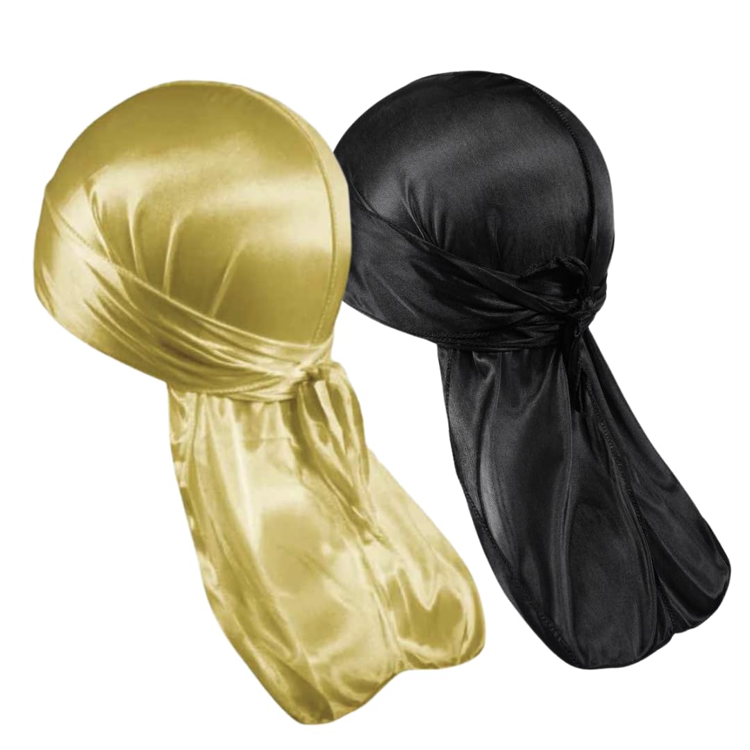 2 Pieces Luxury Silky Durag for All Hair Types, Men & Women Satin Premium Durag (Black & Gold, One Size) - Image 6
