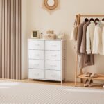 DUMOS Dresser for Bedroom with 8 Fabric Drawers, Tall Chest Organizer Units for Clothing, Closet, Kidsroom, Storage Tower with Cabinet, Metal Frame, Wooden Top, Lightweight Nursery Furniture, White - Image 3