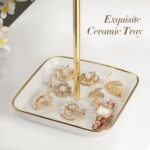Jewelry Holder Stand with Ceramic Base: 12" Tall Necklace Organizer Rack, Tree Design Display Storage for Necklaces, Bracelets, Rings, Earrings, Aesthetic Room Décor for Girls and Women, Gold - Image 4