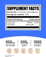 BulkSupplements.com Niacin Powder - Vitamin B3 Supplement, Niacin 500mg - Niacin Flush, Niacin with Flushing - Gluten Free, 500mg of Niacin per Serving, 500g (1.1 lbs) (Pack of 1) - Image 3