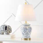 JONATHAN Y 22.25" Blue/White Chinoiserie Ceramic Urn Table Lamp, Traditional Classic Nightstand Lamp for Living Room Bedroom, White Linen Shade, LED Bulb Included JYL3085A - Image 3