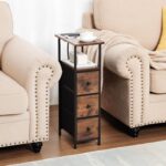 LOAKEKEL Narrow End Tables Living Room Set of 2 with Charging Station, Skinny Side Table with Fabric Drawers, Slim Nightstand for Bedroom, Small Spaces, Couch, Brown, HETNDP03BR - Image 3