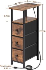 LOAKEKEL Narrow End Tables Living Room Set of 2 with Charging Station, Skinny Side Table with Fabric Drawers, Slim Nightstand for Bedroom, Small Spaces, Couch, Brown, HETNDP03BR - Image 4