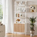 INNOD 74" Tall Bookshelf with Storage Cabinet, Modern Ladder Shelf with Wood and Metal Frame, Wall Mount Bookcase Open Display Shelf Furniture for Living Room, Bedroom, Home Office, White and Oak - Image 4