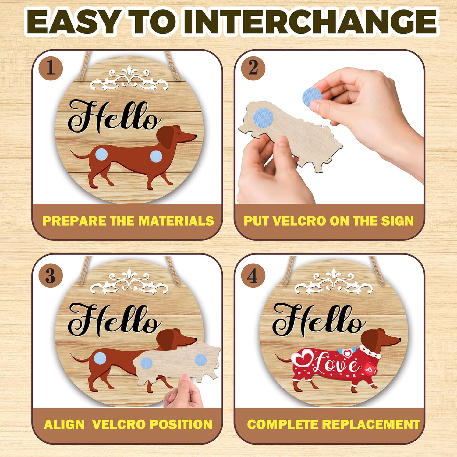 Interchangeable Welcome Door Sign, Holiday Decor For Front Door With 13 Changeable Seasonal Icons, Wooden Dachshund Wall Hanging Decorations For Farmhouse Porch, Holiday Gifts For Women -03 - Image 3